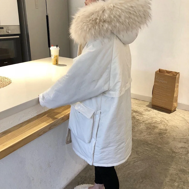 

Photo Shoot 2019 Winter Korean-style Thick Warm Mid-length Hooded Slit Large Pocket Cotton-padded Clothes Fur Collar Deconstruct