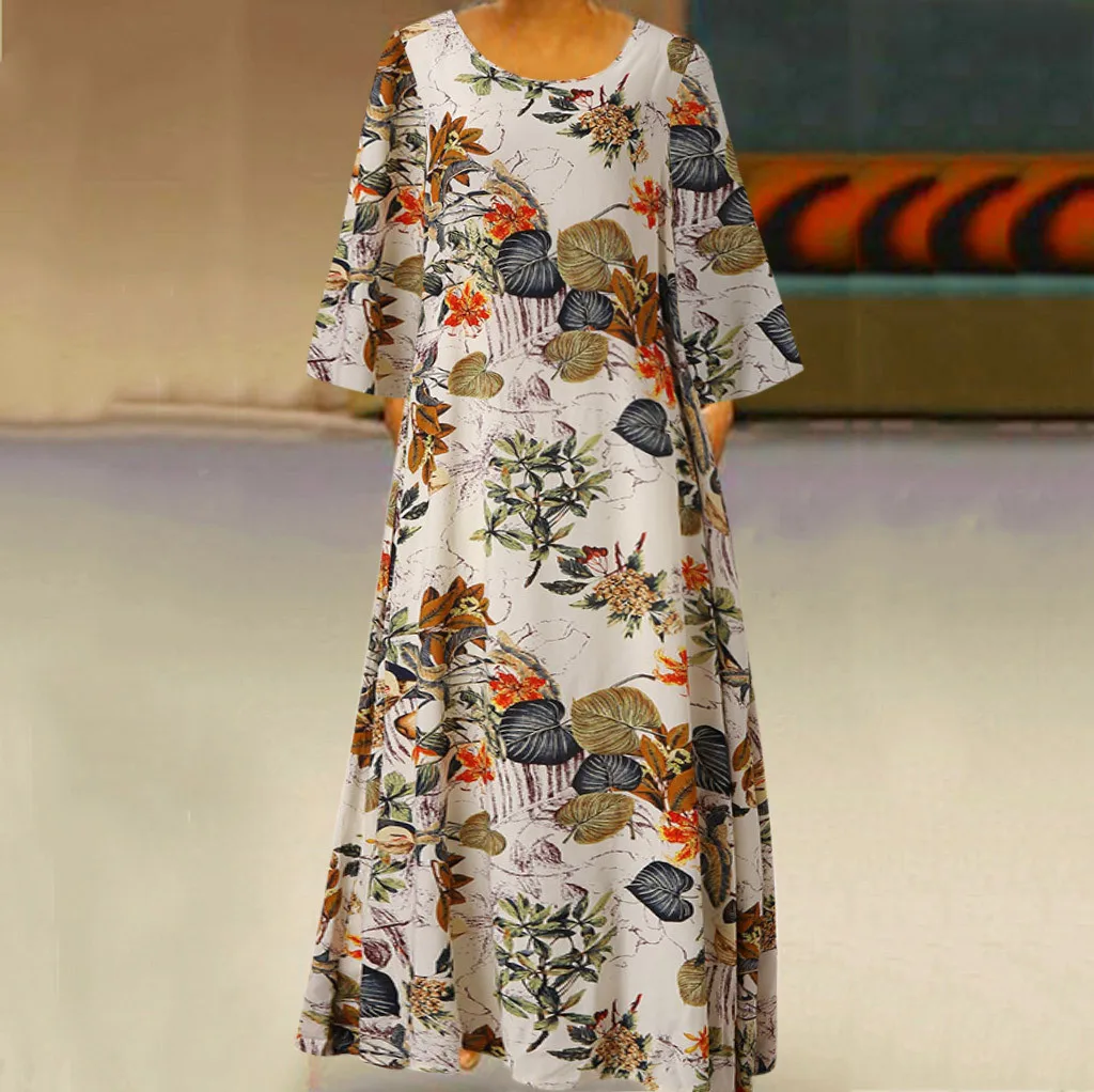 

2019 Summer Women Vintage Style Printed Long Dress Maxi Vestidos Sundress Robe Femme Bohemian Cotton Linen Dress Oversize#J30