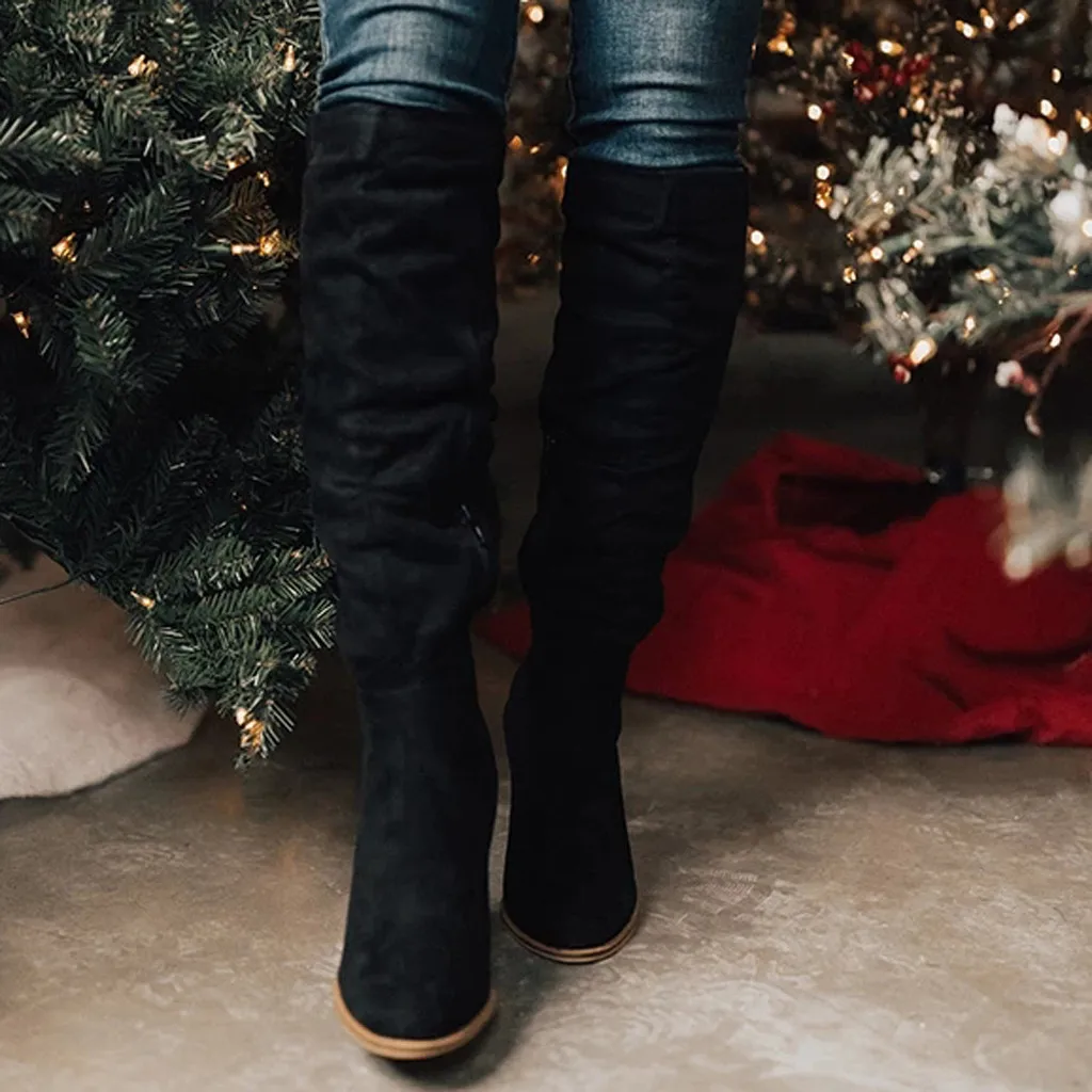 Обувь; женские зимние ботинки; zapatos de mujer; Женские однотонные сапоги до колена в римском стиле на высоком массивном каблуке с молнией; большие размеры