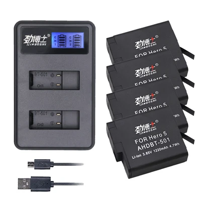 4X B and Charger 5 шт. AHDBT-501 AHDBT 501 аккумуляторная батарея с USB зарядным устройством для GoPro Hero 7 6 5 Черная Спортивная камера для Go Pro 7 аксессуары для экшн-камеры - Цвет: 4X B and Charger