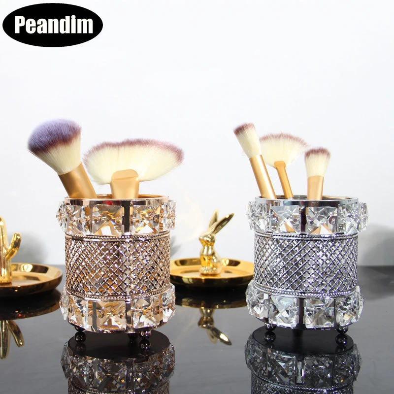 

PEANDIM Elegant Crystal Cylinder Candle Stands Multi-function Makeup Brush Holder Pen Holder Storage Organizer Candle Container