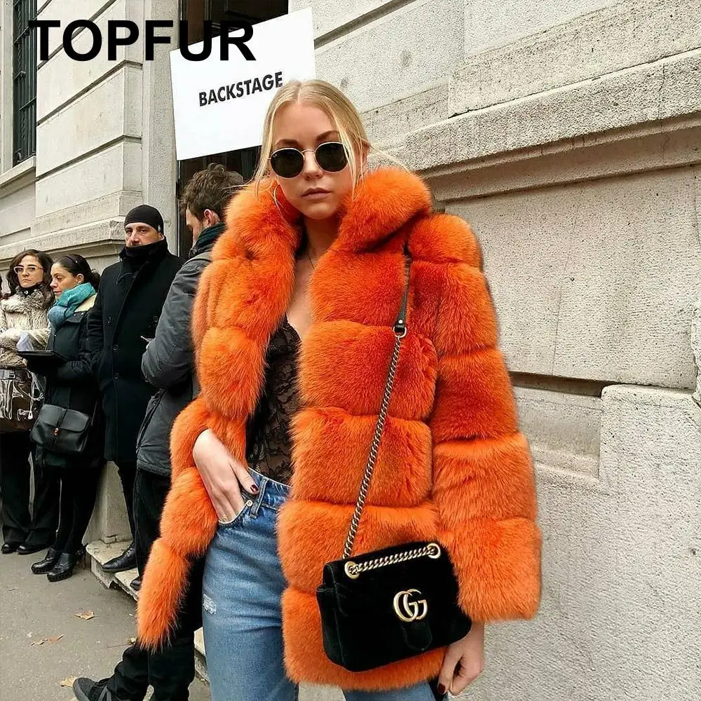 

TOPFUR 2019 New Fashion Orange Coats Real Fur Coat Women Natural Bule Fox Fur Coat With Fox Fur Collar Full Sleeves Loose Winter