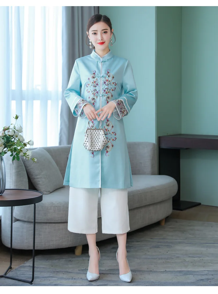 Китайский стиль Cheongsam пальто весенняя одежда стиль элегантный шелковый вышитый китайский стиль Улучшенный китайский костюм топы