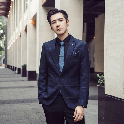 Подростков Мужская Новая модель куртки с хлопковой подкладкой в Корейском стиле тонкий красивый однобортный костюм с кофтой маленького размера; раздел шерсть Классический Клетчатый костюм для мальчика - Цвет: Синий
