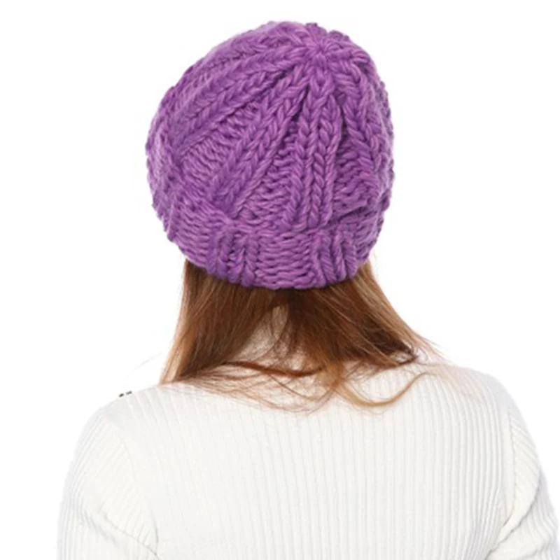 Purple Womens Coarse Crimping Wool Winter Hats For Girls Handmade Warm Thick Beanie Knitted Hats Women Winter Soft Solid 12 Colors Cap - Цвет: Purple