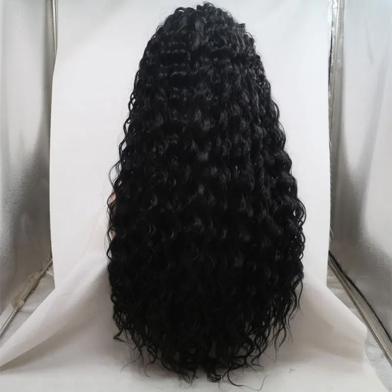 Черный кудрявый, завязанный вручную синтетический парик, 13*3 дюйма, на кружеве, 150% плотность, термостойкие волоконные волосы, натуральные волосы для женщин
