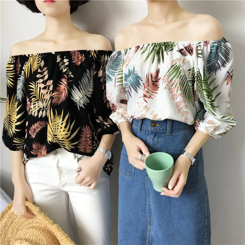 

2020 Off Shoulder Printed Floral Women's Blouse Loose 3/4 Sleeve Hawaiian Top Short Sleeve Blouses Chiffon Shirts  
