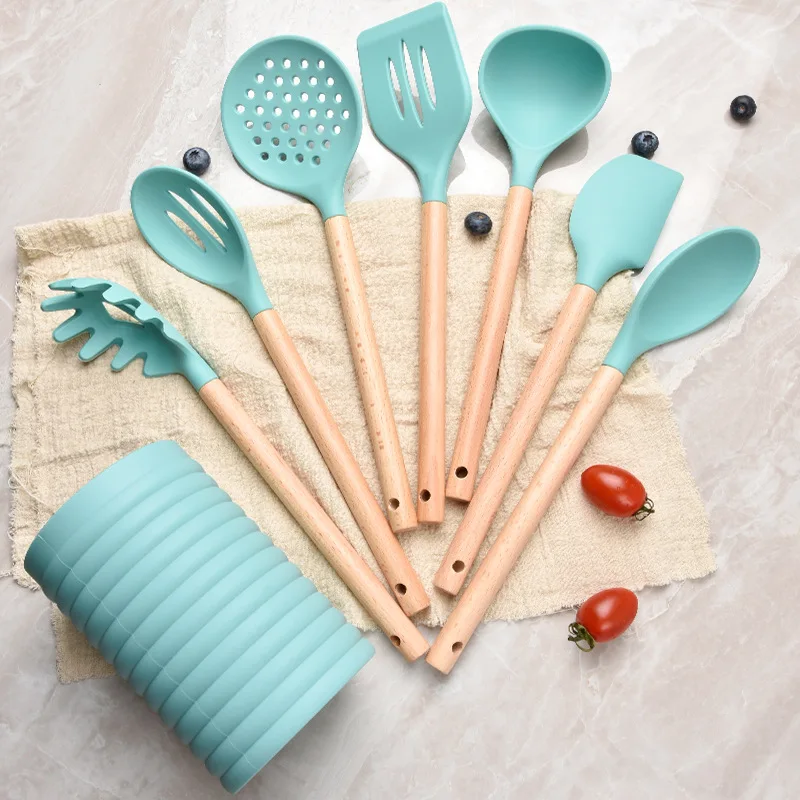 

Wooden Handle Silicone Kitchenware 7 Piece Set Leak Shovel Spoon Soup Ladle Spatula Non-Stick Cooking Tool Set Kitchen Supplies