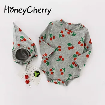 

2020 autumn Baby Girl Bodysuits baby onesies cute cherry print cotton long-sleeved hooded girls bodysuit