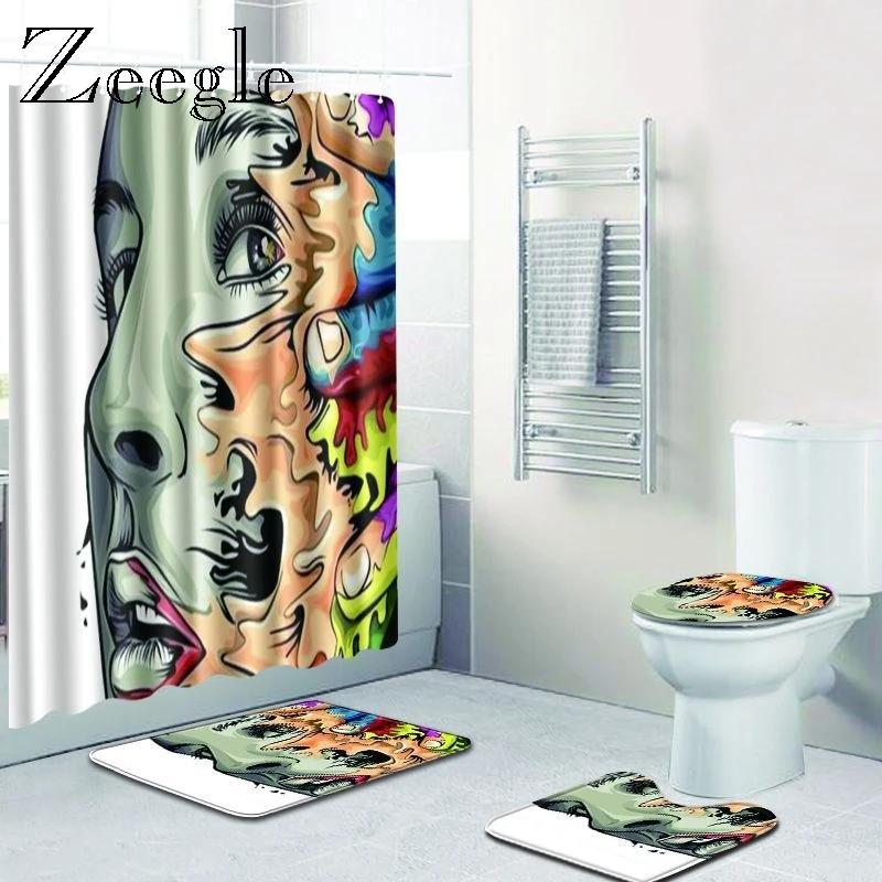 Zeegle Creative Bath Mat with Shower Curtain Set Pedestal Rug Lid Toilet Cover Non-Slip Floor Mat Rug Bathroom Set with Hooks