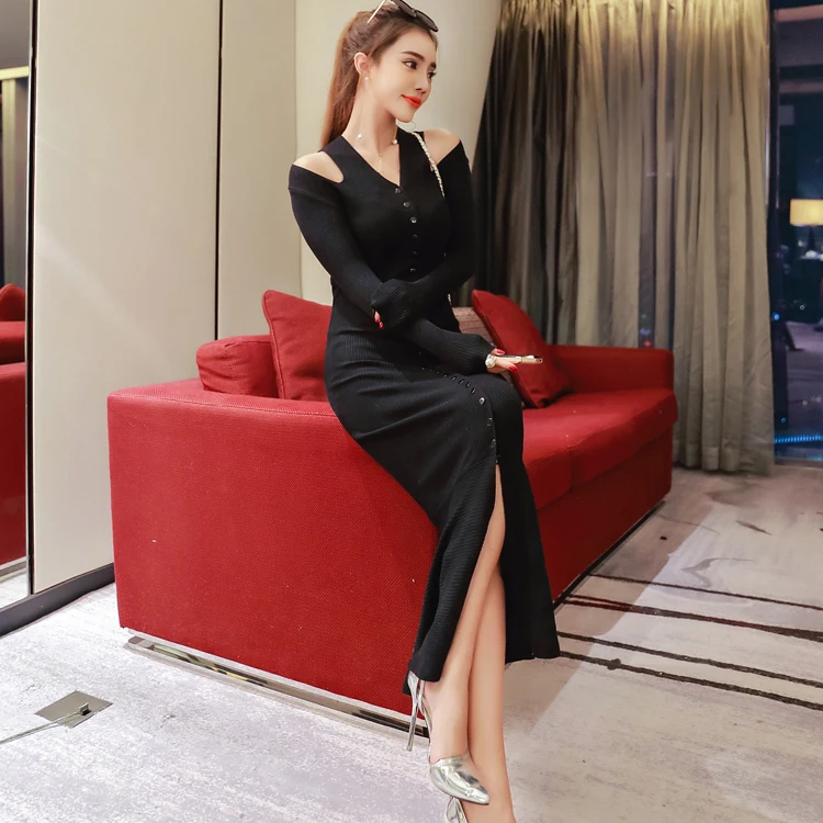 CINESSD сексуальное OL вязаное теплое платье женское осеннее зимнее черное платье с длинным рукавом и v-образным вырезом Макси платье Vestidos размера плюс - Цвет: Black