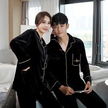 

Autumn Couple Pajamas Set Letter Embroidery Solid Color Lapel Gold Velvet Long-sleeved Tops+trousers Home Cardigan Nightwear
