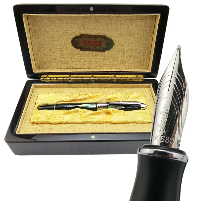 Duke 14K Silver Fountain Pen Bright Pearl In The Dark Green Sea Fine Nib 0.5mm Ink Pen & Wooden Box Fit Gift & Collection