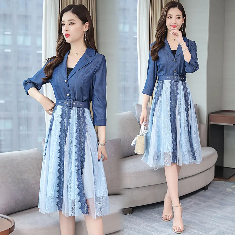 

2019 Spring Clothing New Style Debutante Elegant Cowboy Gauze V-neck Mock Two-Piece Joint High-waisted Mid-length Dress Women's