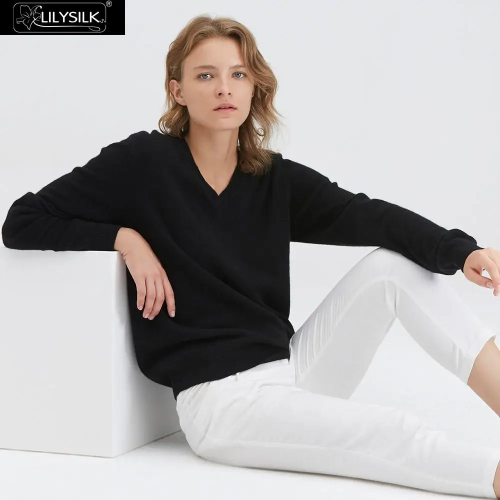 LilySilk свитер PureCashmere с v-образным вырезом и длинным рукавом пуловер супер мягкий женский