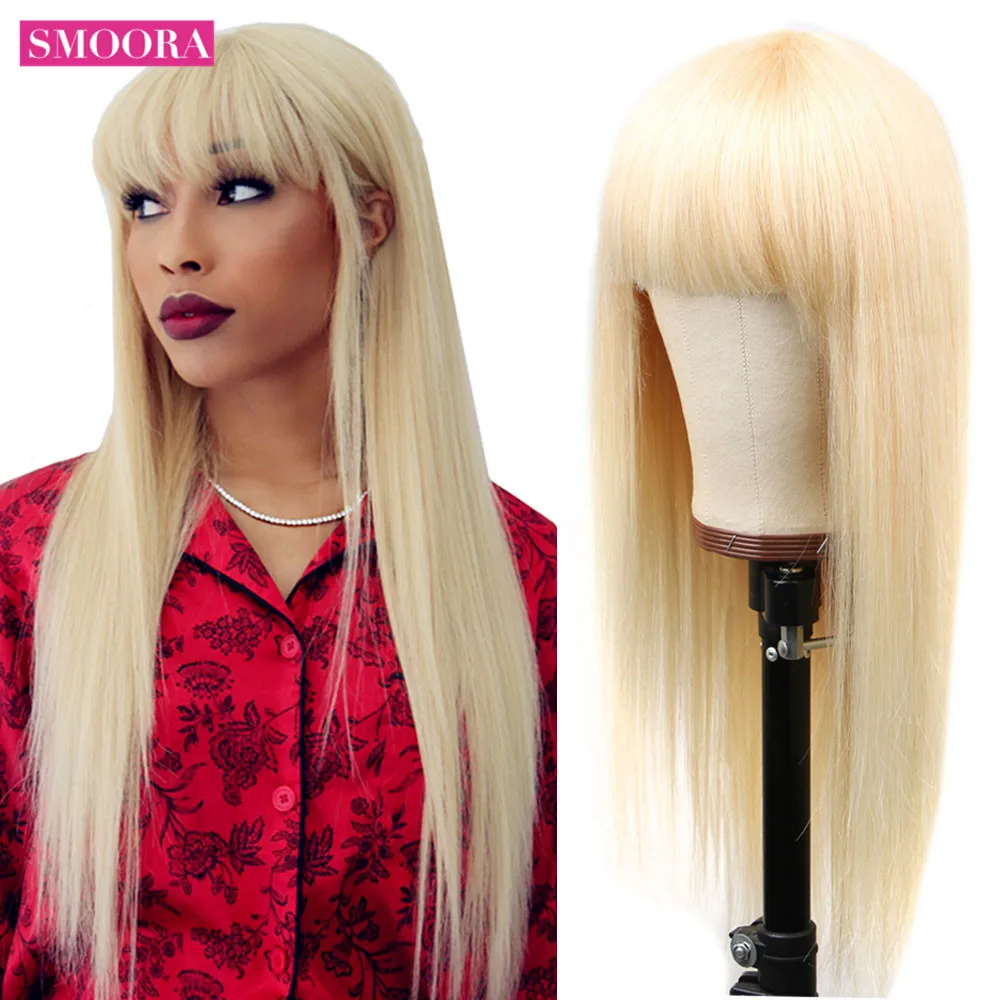 

Honey Blonde Human Hair Bangs Wigs 613 Blonde Full Machine Made Wigs With Bangs Malaysian Straight Hair Wig With Bang Remy Hair