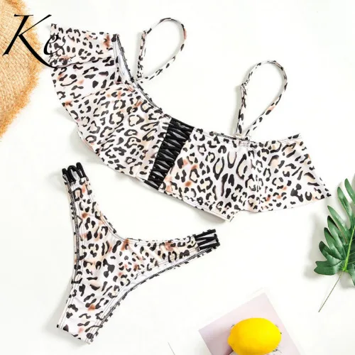 KE new two pieces swimsuit European American bikini ruffled swimwear leaves or leopard with pad and without steel hight waist - Цвет: Leopardo