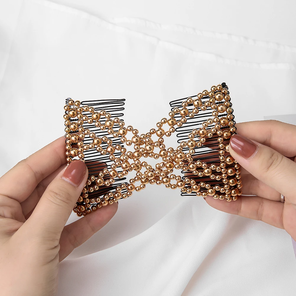 Gold Beads M MISM, женские эластичные гребни для волос с жемчужными бусинами, двойная горка, волшебная булочка, сделай сам, инструмент для изготовления причесок, новинка, металлические заколки для волос, аксессуары - Цвет: Gold Beads