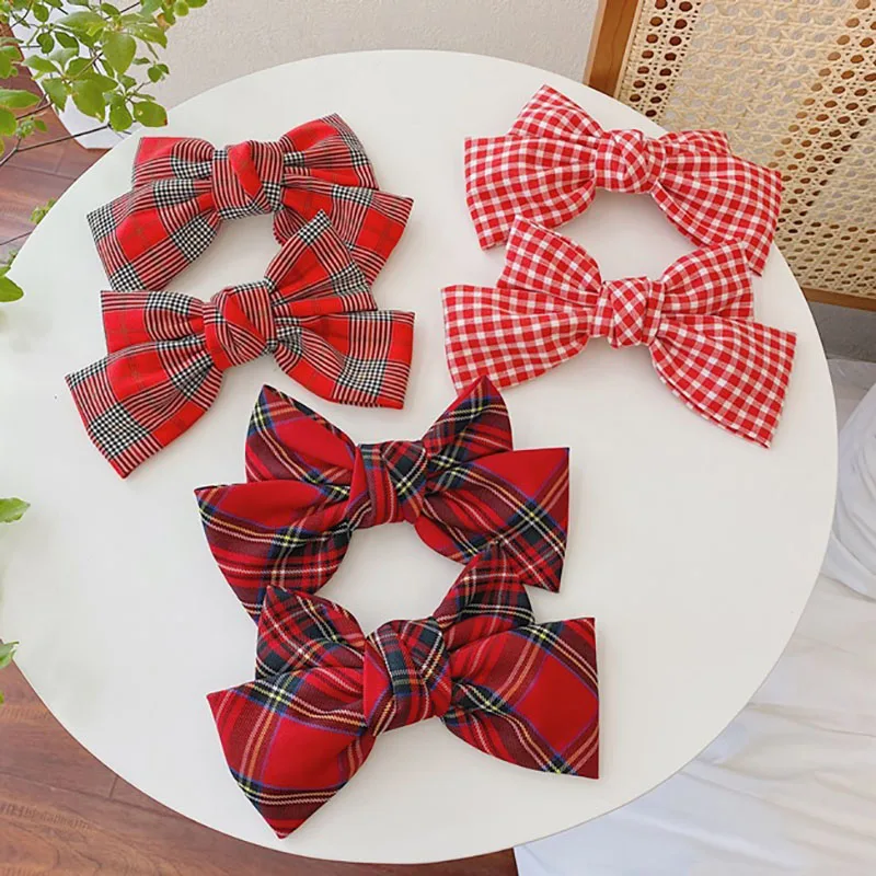HANDMADE RED GINGHAM SCHOOL BOW 5" GIRL KIDS RIBBON BOW CLIP HAIR ACCESSORIES