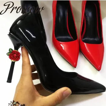 

Prowow New Balck Patent Leather Sexy Pointed Toe Pumps Slip On Ross Emblishment Thin HIgh Heel Stiletto Pumps Shoes Women