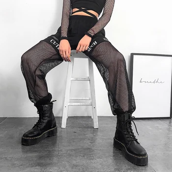 

Sexy Patchwork Mesh Women Pants Sweat High Waist Lady Trousers Streetwear Fashion Summer Black Joggers Casual Womens Pants