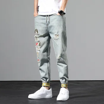 

Drawstring Patchwork Denim Pants Distressed Slim Fit Hip Hop Trousers With Broken Holes Stretch Jeans Pant Men Knee Ripped 2020