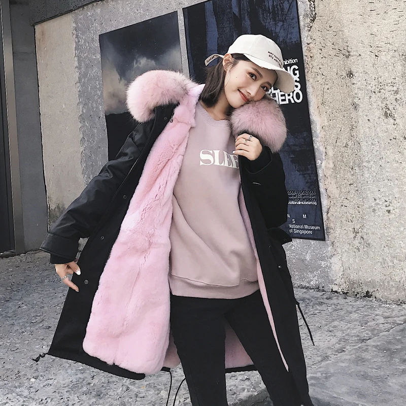 Luxury Real Fur Coat Female Natural Rex Rabbit Liner Parkas Mujer 2020 Winter Jacket Women Large Fox Collar TM108 | Женская одежда