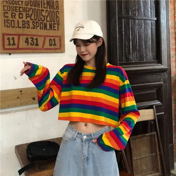 

Autumn Rainbow Stripe Tees Women Long Sleeve O-neck Korean Style Causal T Shirt Hip Hop Streetwear Short Tshirts