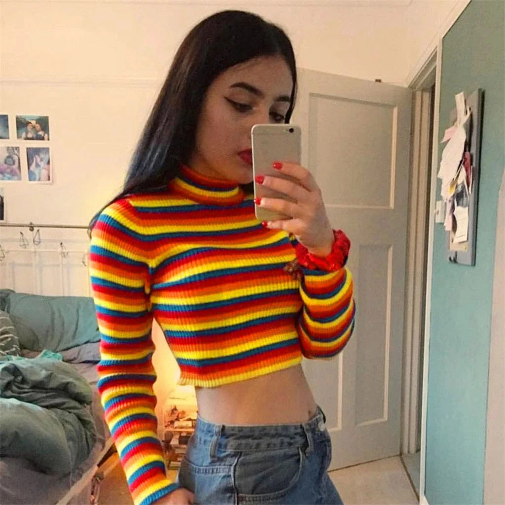Woman Colorful Striped Blouse Plus Size Colorblock Shirt Split Long Sleeve Knit Blouse Blouse Retro Autumn Casual Tops 814