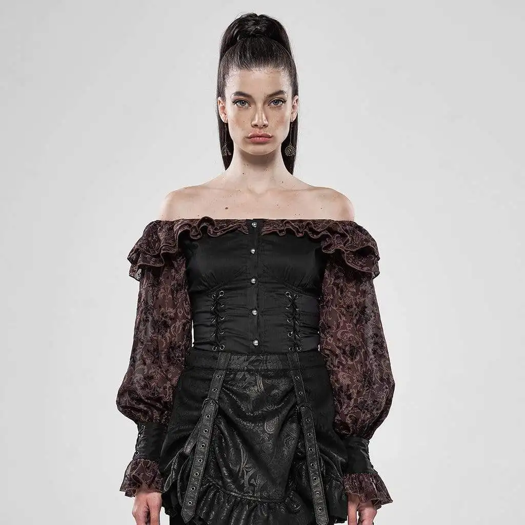 Панк Rave women's Goth с открытыми плечами с оборками и расклешенными рукавами