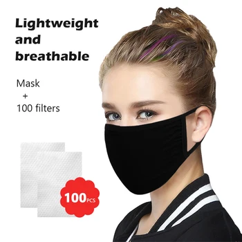

1/4/8pcs Cotton Black Mask Mouth Face Mask Dustproof Mouth Mask With 100Pcs Filters Mask Fabric Face Mask Washable