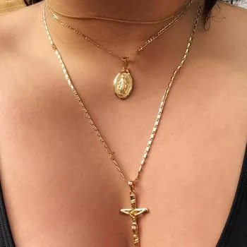 

Cross Necklace Women Retro Multi-layer Cross Portrait Pendant Necklace Chain Women's Jewelry Accessories Collier Kpop