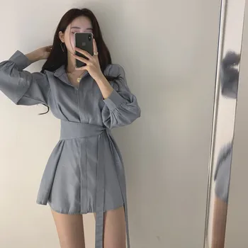 

two piece Set women sexy OL suits Korea chic loose pure color high waist shirt dress belt two-piece wide-legged pants suit