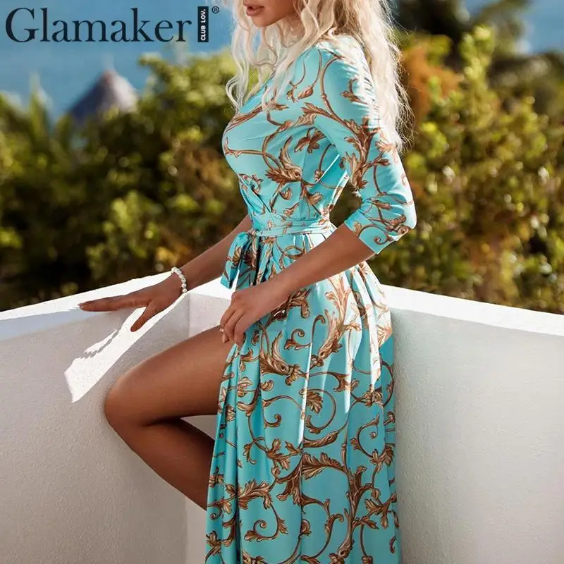 Glamaker, сексуальное длинное платье с винтажным принтом, женское осеннее платье с поясом, праздничное платье с высокой талией, женские вечерние Клубные платья макси, vestido