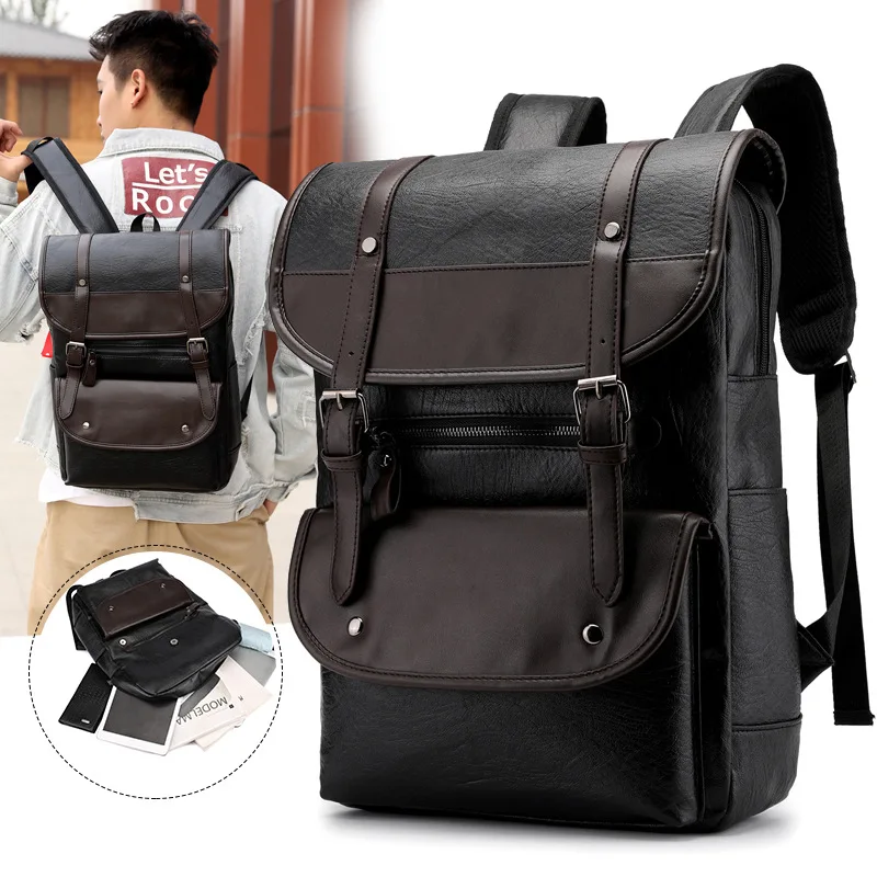 

New Style Pu Waterproof Backpack Casual Simple Solid Color Joint Students Computer Bag