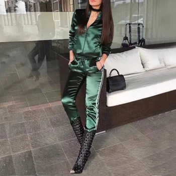 

Fall 2019 Casaul Tracksuit Women 2 Piece Set Top And Pants Satin Striped Patchwork Zipper Sexy Sweatshirt Sweat Suit