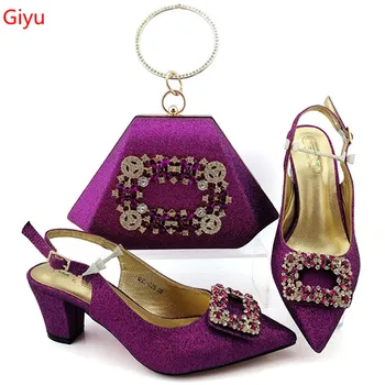 

doershow New Arrival African Wedding Shoes and Bag Set purple Italian Shoes with Matching Bags Nigerian Women party SIA1-32