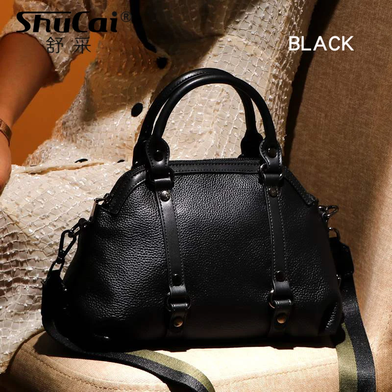 SHUCAI, модная женская сумка через плечо, натуральная кожа, женская сумка, элегантная женская сумка-мессенджер, высокое качество, сумки для покупок, черные - Цвет: BLACK