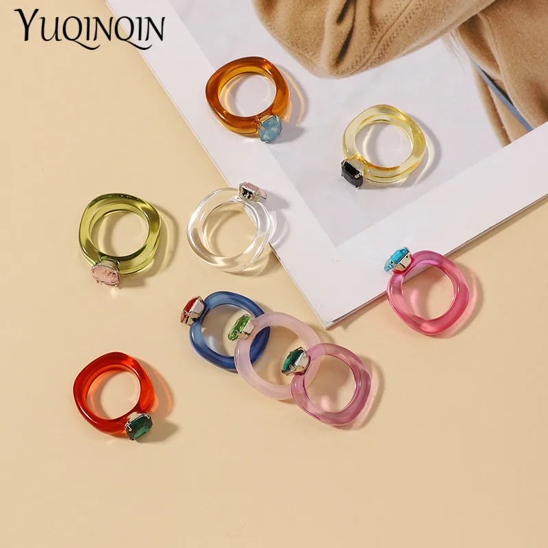 Finger Ring Fashion Acrylic Colorful Rectangle Rhinestone Rings Women Big Transparent Finger Ring Girls Vintage Female Jewelry