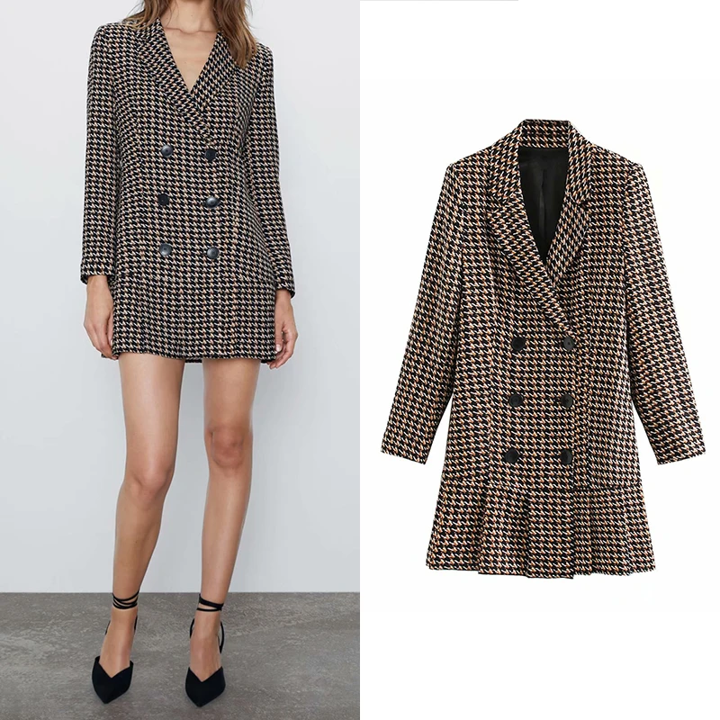 

Women dress 2019 za elegant double breasted plaid print mini dress long sleeve draped V-neck sexy party dress female vestidos