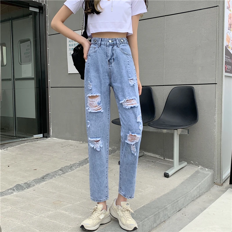 Pantalones vaqueros con agujeros para mujer, de cintura alta, pantalones flojos rectos rasgados a la moda, lavados, para verano, 2021|Pantalones vaqueros| -