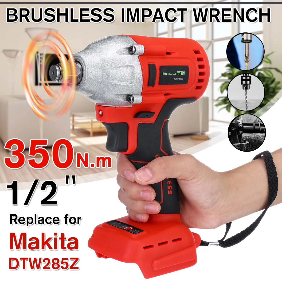 

18V 350Nm Electric Rechargeable Brushless Impact Wrench Cordless 1/2 Wrench Power Tool Without Battery Replace For Makita DTW285