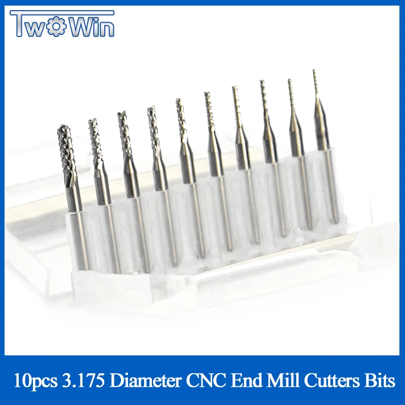 

10pcs 3.175 Diameter CNC End Mill Cutter Mini PCB Carbide Router Bits Kit Set 0.8-3.175 mm For Milling Tools