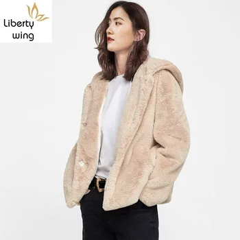 

Autumn Winter Elegant Faux Fur Coat Female Fashion Warm Long Sleeve Short Hooded Jacket High Quality Zip Outerwear Streetwear