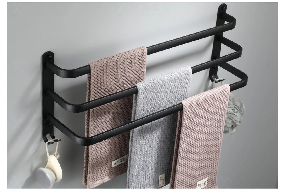 Bathroom Towel Rack 30-60CM Wall Mounted Shower Room Holder Kitchen Aluminum Multilayer Layer Wiht Hook Black Hanger Accessories