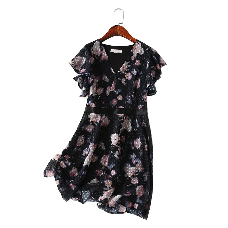 

A Generation of Younger Fashion Lotus Leaf Short Sleeve Waist Hugging Slimming V-neck Floral Printed Dress Women's Entity