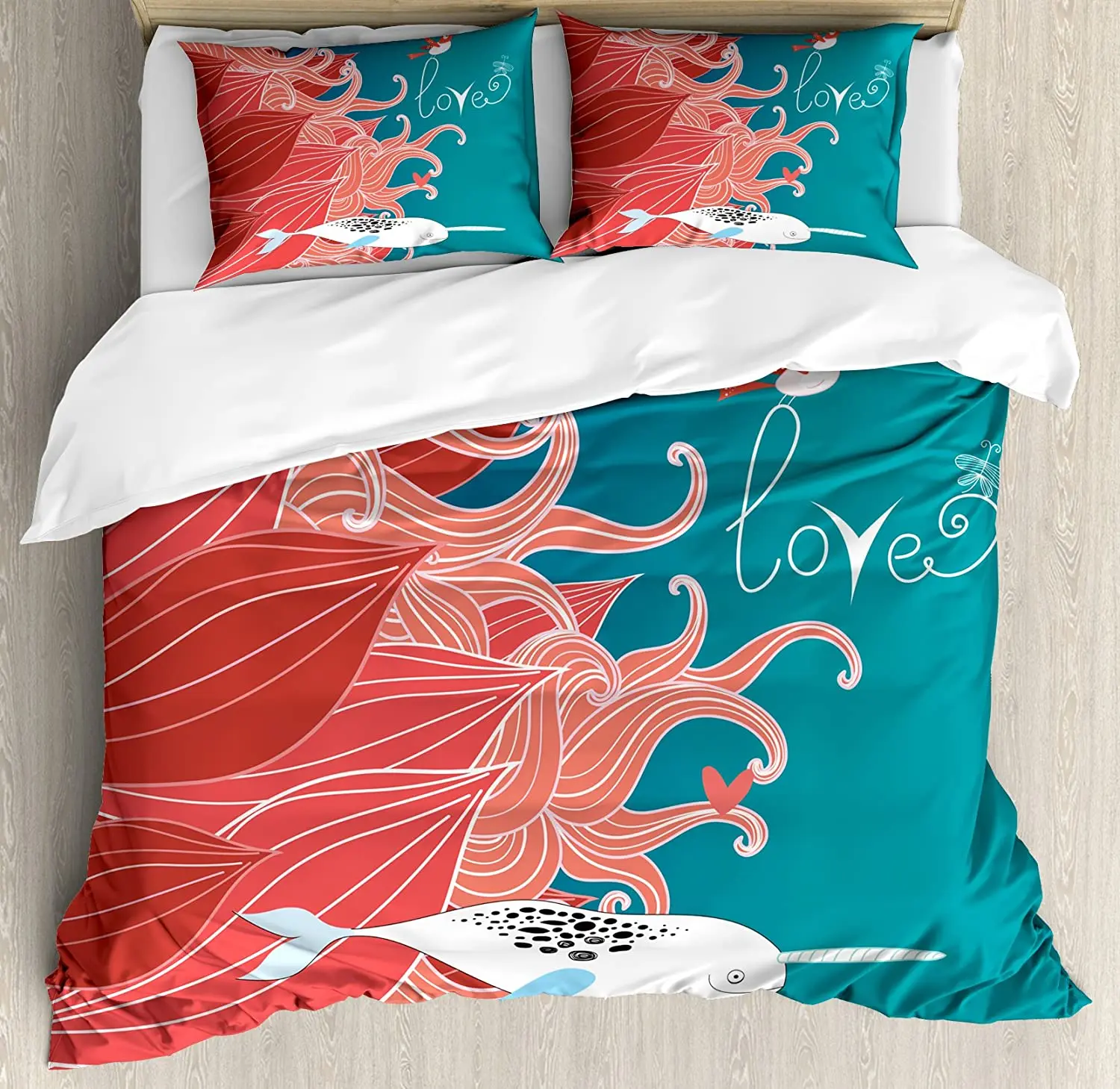 Narwhal Duvet Cover Set Love Themed Sketch Illustration with Arctic Whale Valentine's Arrangement Bedding Teal Coral White | Дом и сад