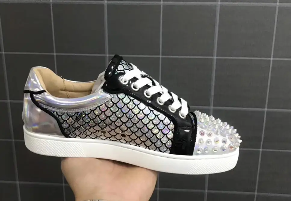 

Lace Up Silver Snake Leather Red Bottom Low Cut Sneaker Men Sports Shoes Transparent Rivet Front Casual Flat Loafers Top