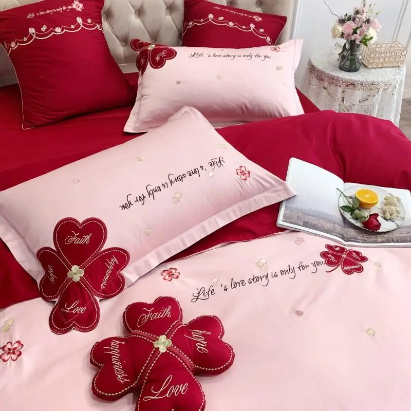 Комплект постельного белья с красным клевером, Сатиновое постельное белье с вышивкой, розовая серия постельных принадлежностей для девочек, высококачественный домашний текстиль, домашнее постельное белье, постельное белье