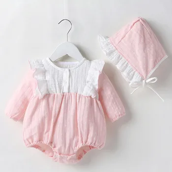 

2020 Newborn Toddler Girls Cute Cotton Baby Pink Lace Long Sleeve Romper + Cap Clothing